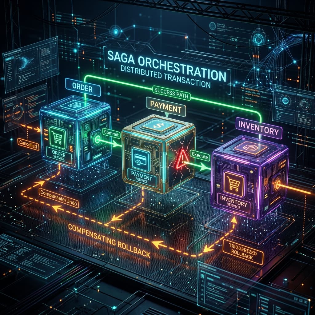 A distributed order processing flow showing choreography-based saga steps with compensation paths highlighted in red