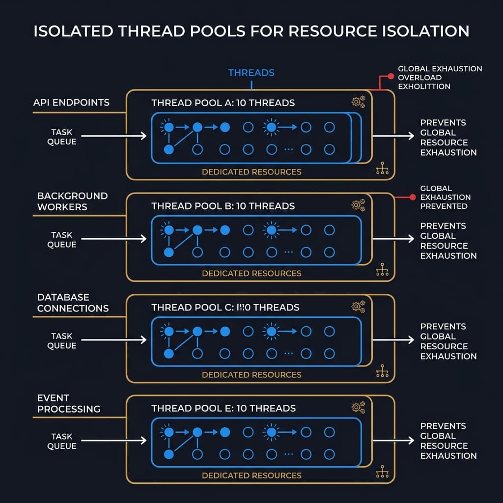 A partition diagram showing isolated thread pools dedicated to separate backend service calls preventing resource contamination.