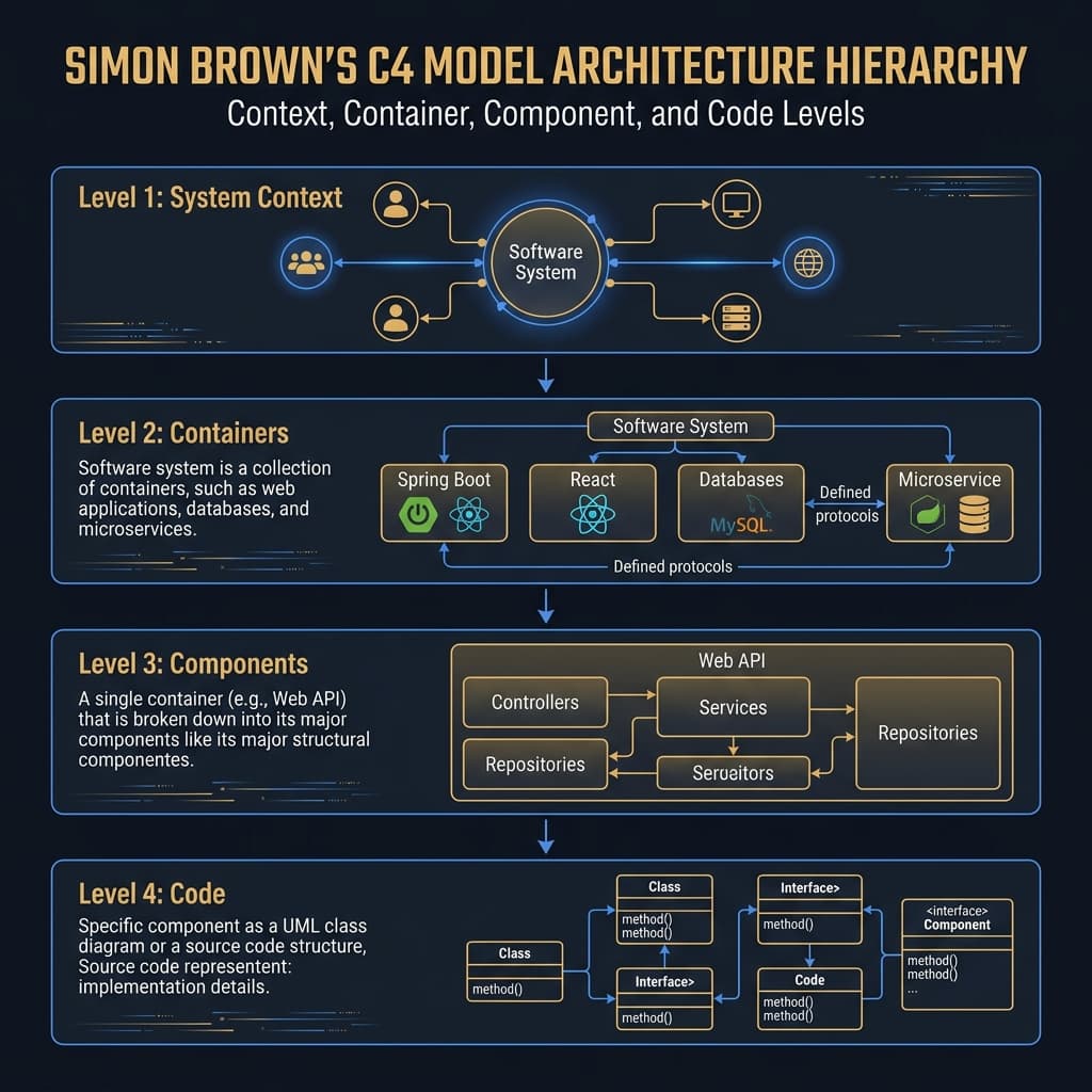 Four nested zoom levels of a software system from context to component, each showing progressively more technical detail