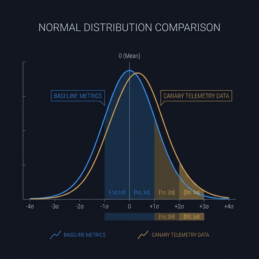 A comparative normal distribution curve contrasting baseline and canary telemetry data points with calculated Z-score ranges.