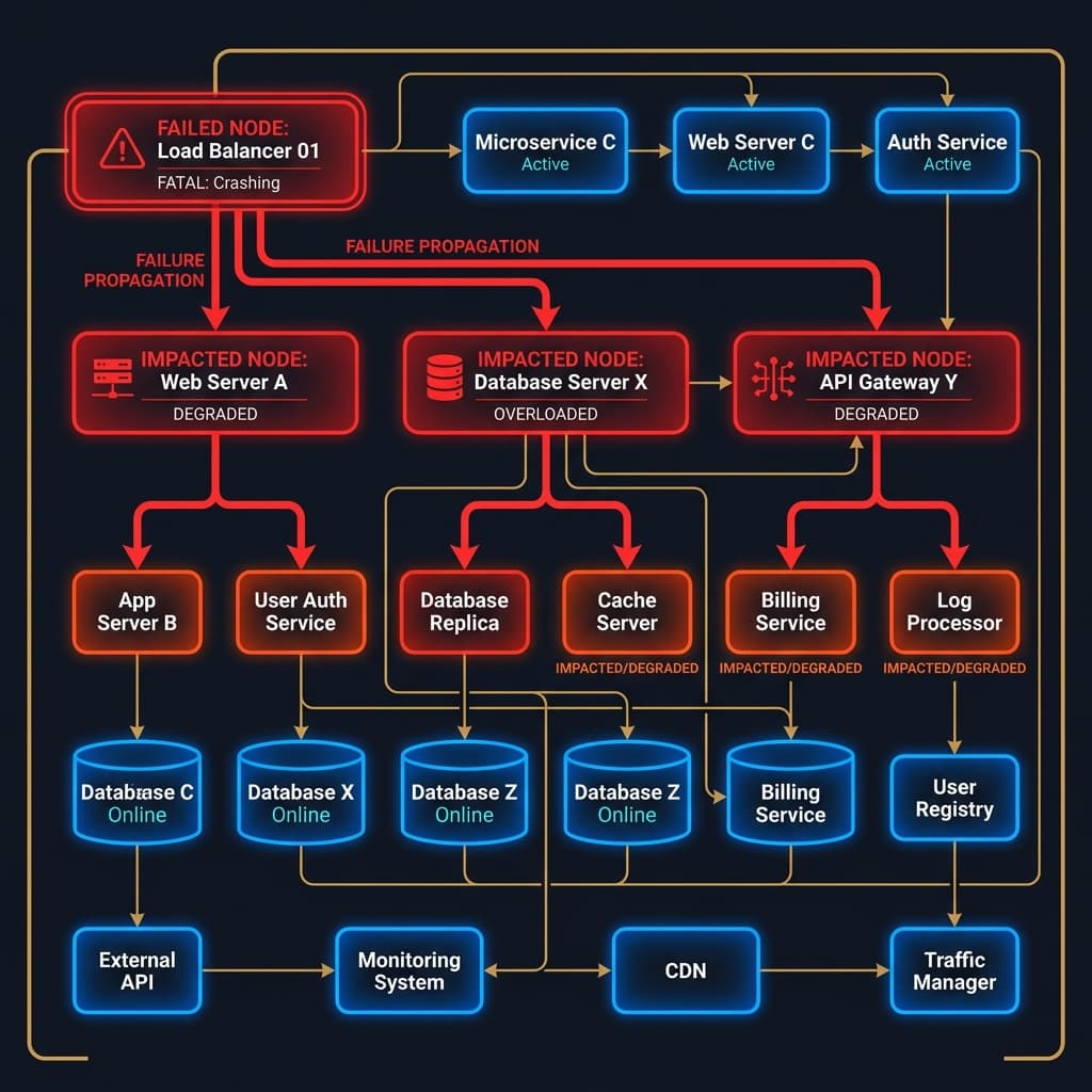 A systems model showing a single service node failure propagating across downstream dependency pathways with glowing blue failure vectors.