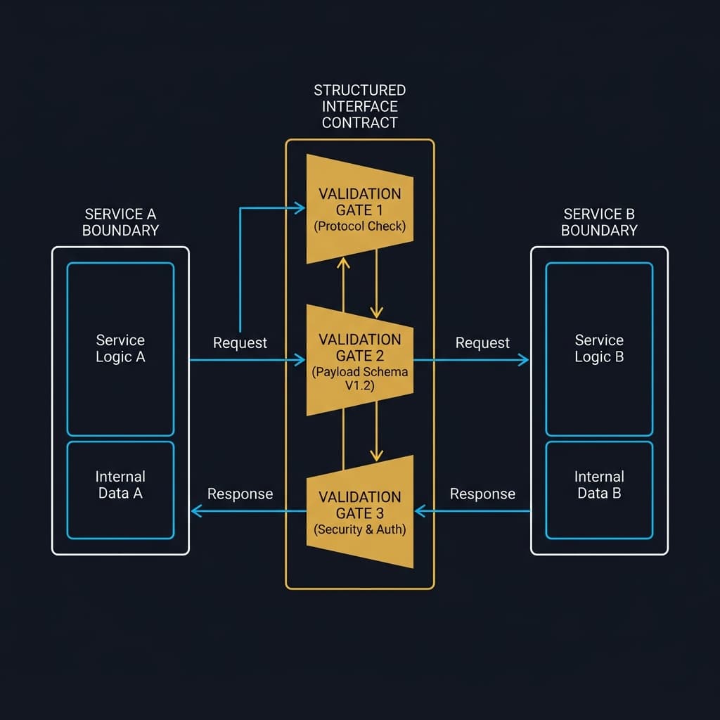 A design diagram illustrating explicit boundary inputs and outputs between two service layers with contract validation gates.