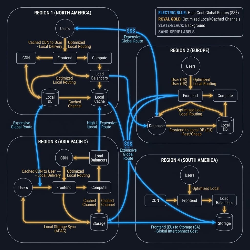 A multi-region network data flow highlighting expensive egress boundaries compared to optimized local caching routes.