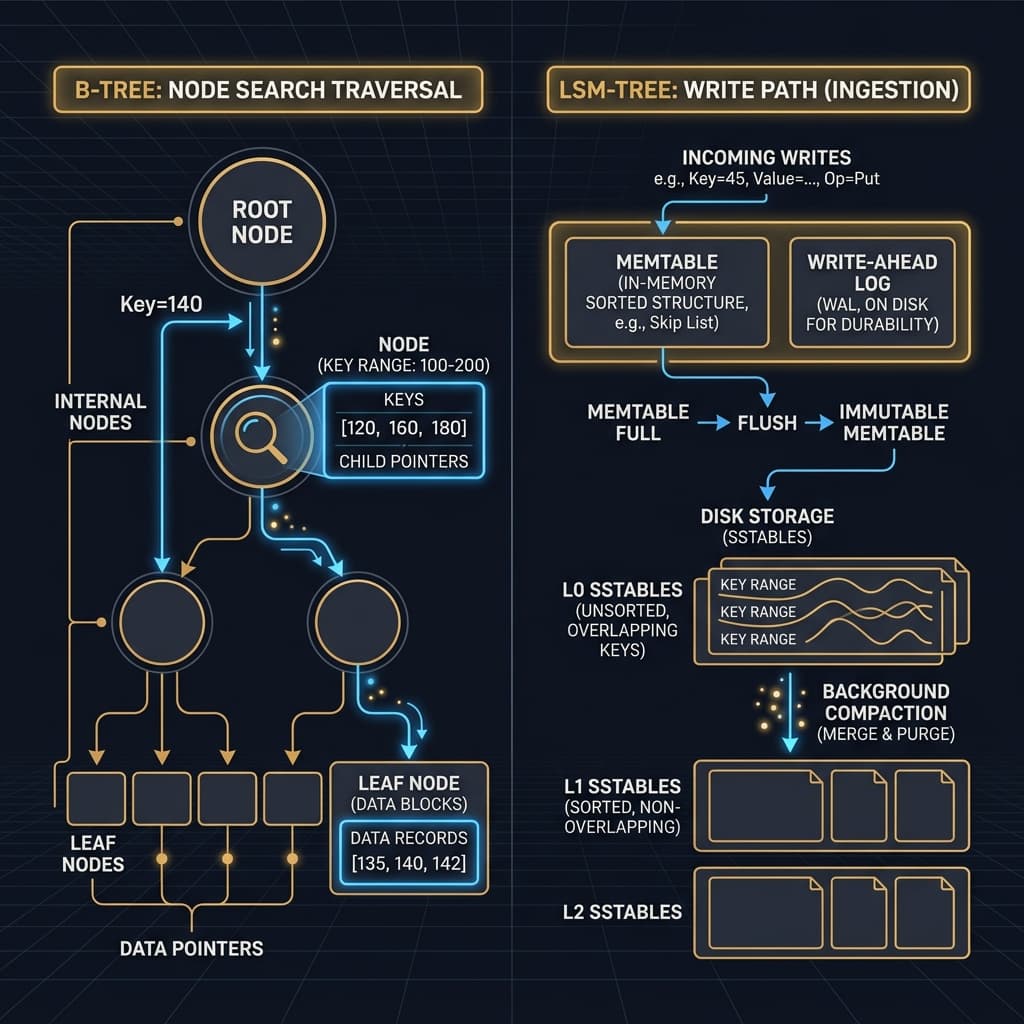 A comparison chart outlining B-Tree node branching structures and LSM-Tree write paths (Memtable to SSTable tiering).