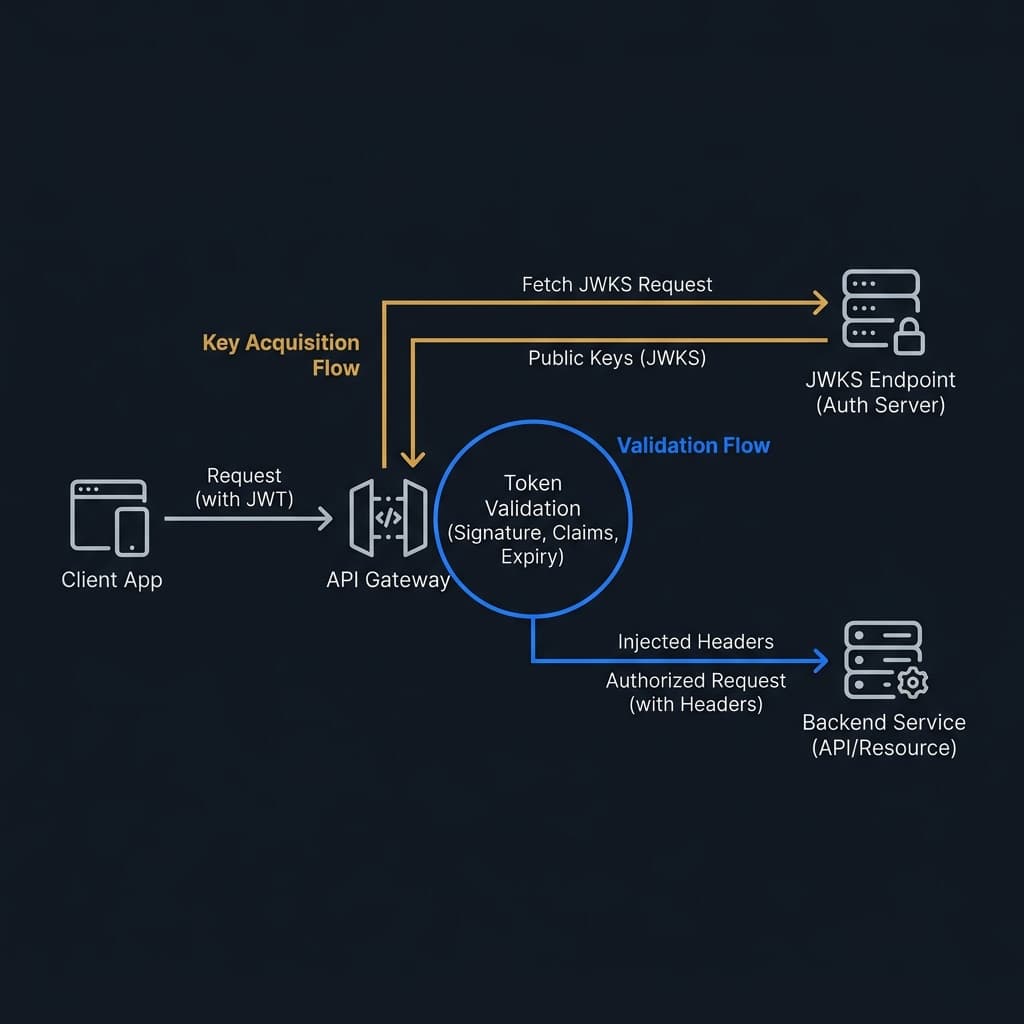 A network boundary diagram showing token extraction, JWKS signature verification, and downstream user-context header injection.