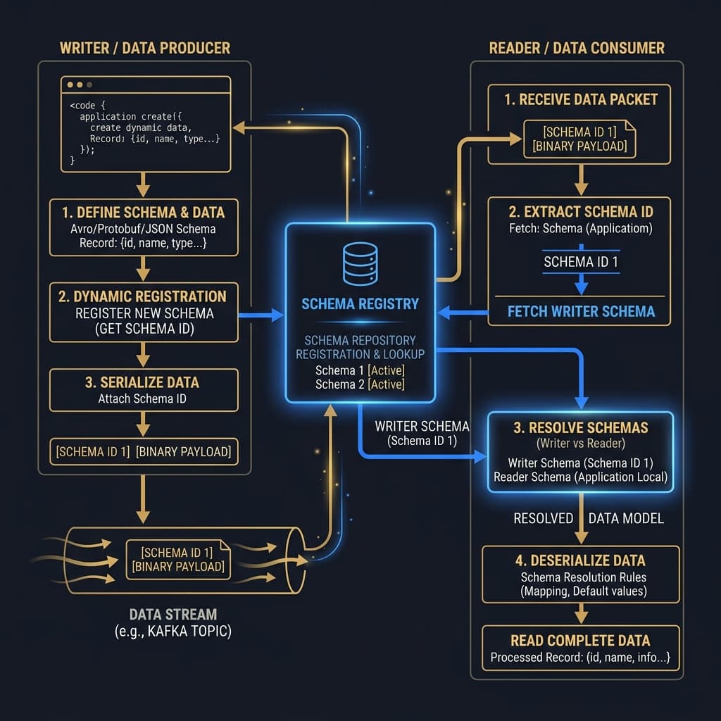A diagram mapping dynamic schema registration via a central registry next to payload serialization and reader/writer version resolution.