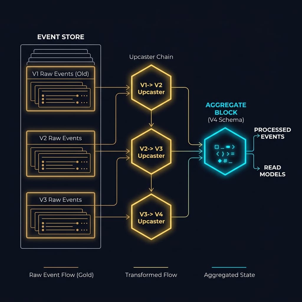 A software pipeline mapping old event structures being read from an event store and converted into newer classes before being loaded by the aggregate.