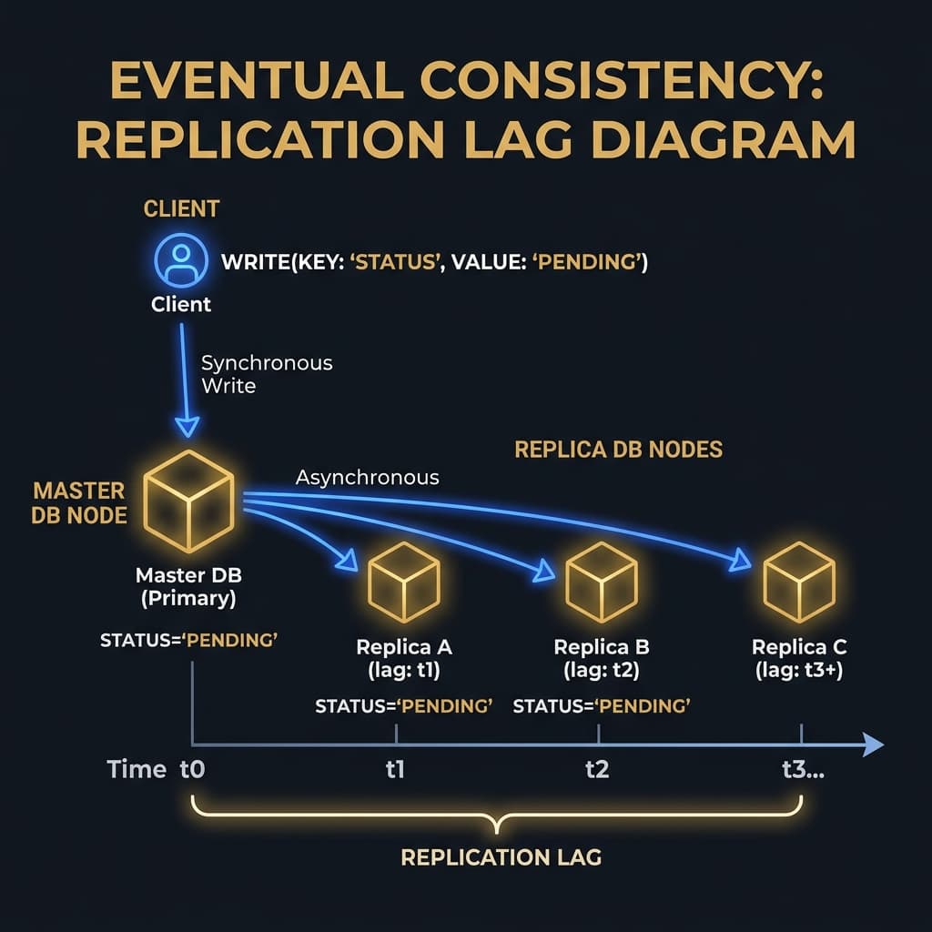 Two diverging database nodes with arrows showing eventual convergence over time