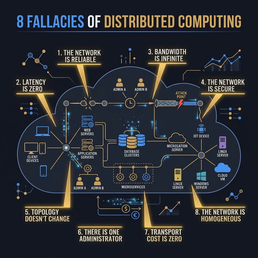 A distributed cloud architecture diagram showing inter-service calls with annotated failure points corresponding to each of the eight fallacies