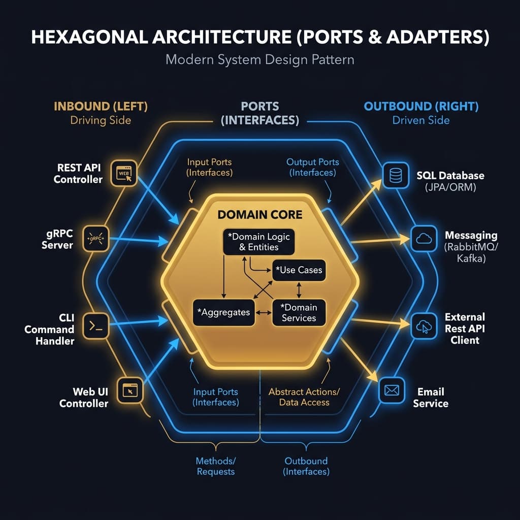 Hexagonal diagram showing domain core surrounded by inbound and outbound ports with adapter implementations on the outside