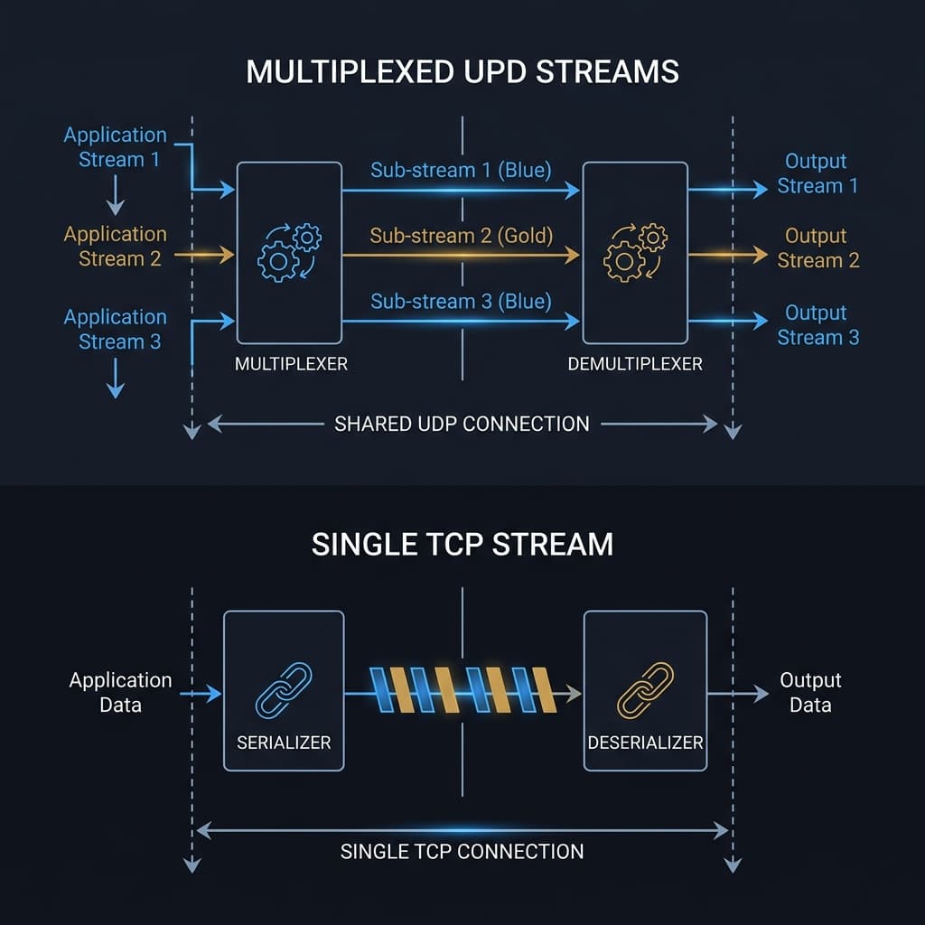 A packet stream diagram contrasting single-stream TCP serialization with multi-stream multiplexing over a UDP-based QUIC connection.