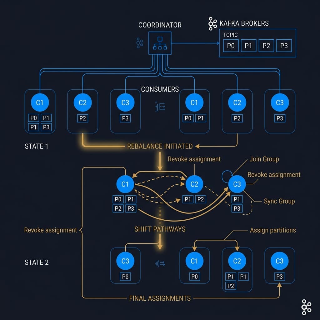 A sequence flow illustrating a consumer group coordinator managing member heartbeats, trigger timeouts, and partition reassignment.