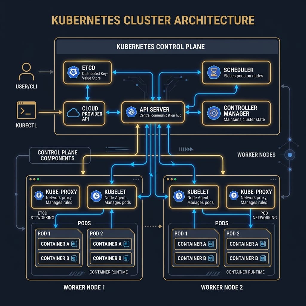 Kubernetes cluster architecture showing control plane components and worker node interactions with scheduling arrows