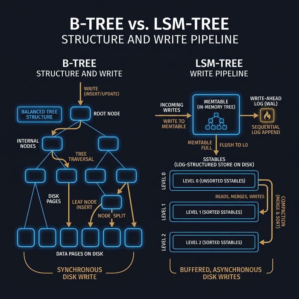 A comparative layout showing the nested index levels of a B-Tree vs the memtable and SSTable write pipeline of an LSM-Tree.