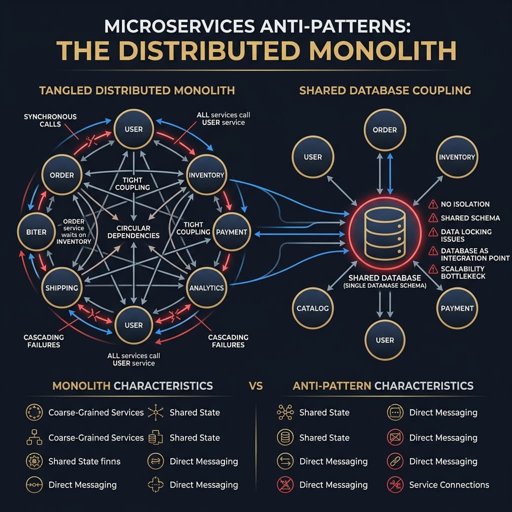 Tangled web of service connections representing a distributed monolith with no clear boundaries