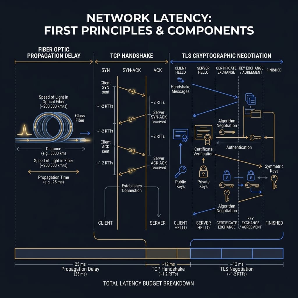 Timeline diagram showing TCP handshake, TLS negotiation, and request-response round trips with millisecond annotations