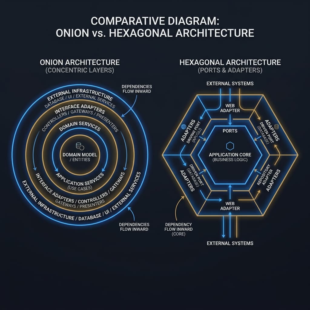 A comparative layout showing concentric rings of Onion architecture next to the polygon boundaries of Hexagonal ports and adapters.