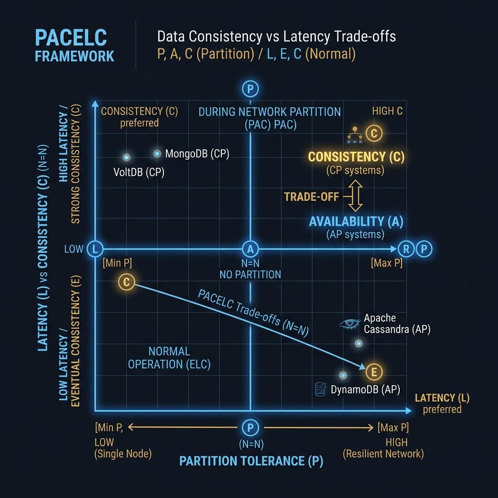 A system design grid mapping database engines along Availability-Consistency-Latency axes under partitioned and normal operations.