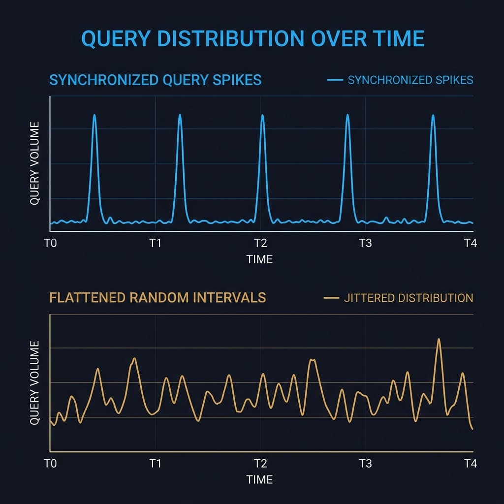 A time-series chart showing synchronized retry spikes versus flattened, randomized request intervals using backoff and jitter.