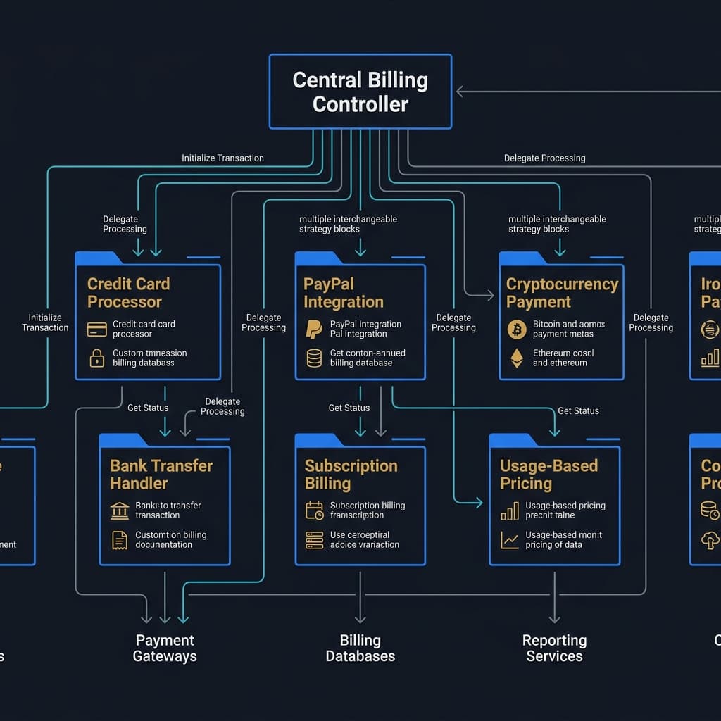 A pattern map showing a client class delegating billing calculations to dynamically bound strategy implementation classes.