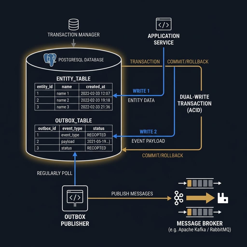 A logical flow showing a business database transaction writing to both an entity table and an outbox table, with an asynchronous publisher reading and sending events.