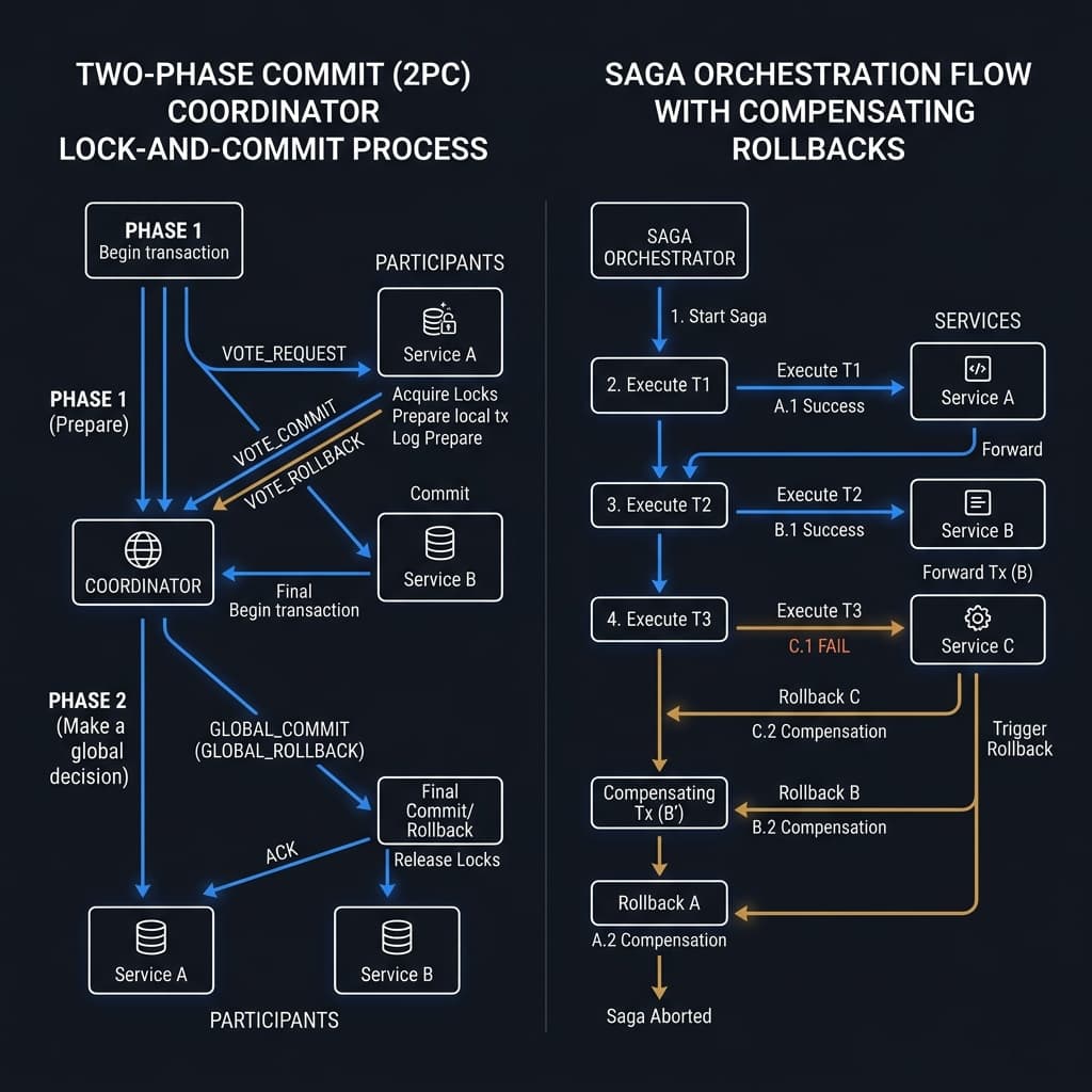 A layout contrasting the coordinate-lock-commit lifecycle of a 2PC with the forward-compensating rollback pipeline of a Saga.