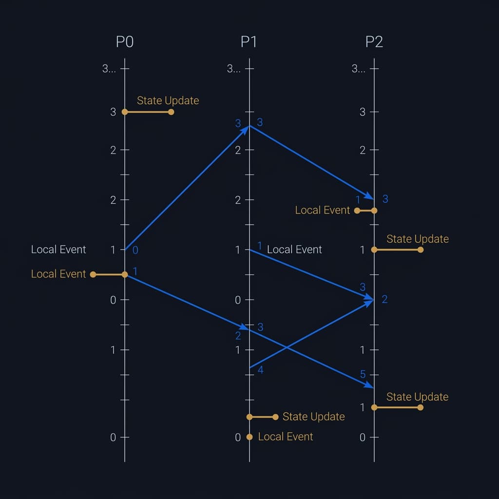 A space-time process diagram showing event lines across three independent nodes and vector clock state modifications.