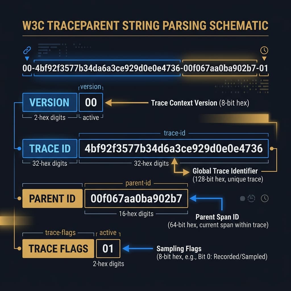 A diagnostic diagram displaying the breakdown of a W3C traceparent string into version, trace ID, parent ID, and trace flags.