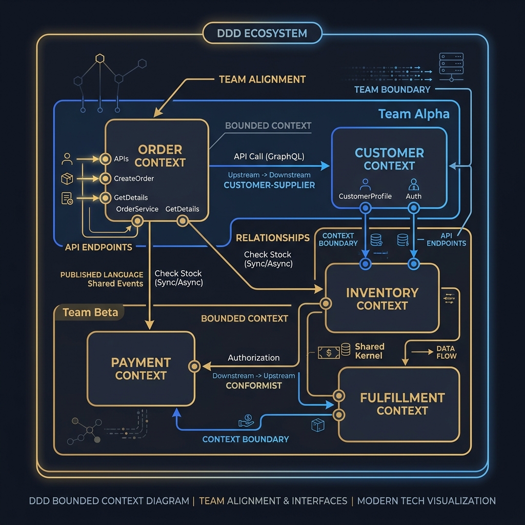 A context map diagram showing three bounded contexts with labeled integration relationships: shared kernel, anticorruption layer, and conformist