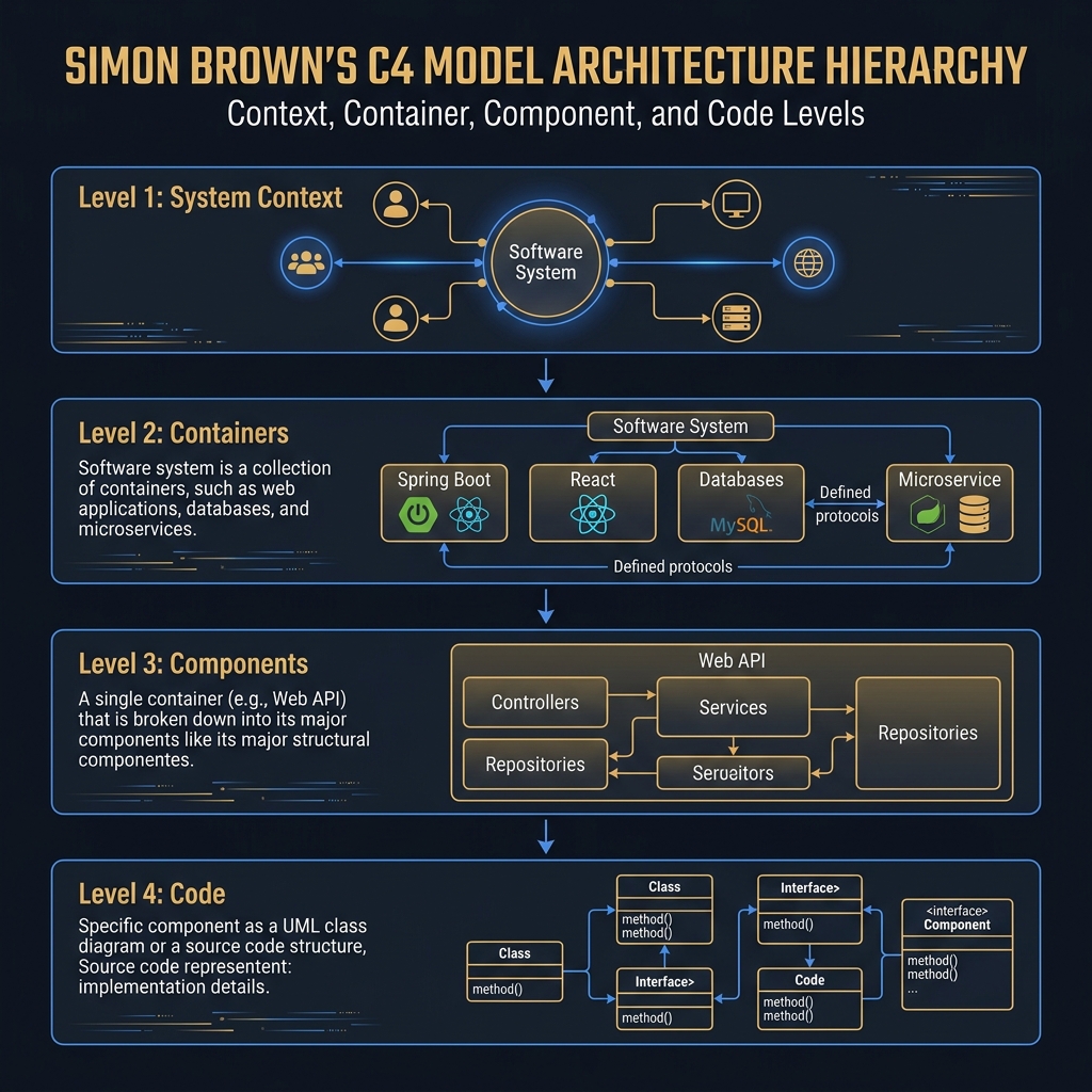 Four nested zoom levels of a software system from context to component, each showing progressively more technical detail