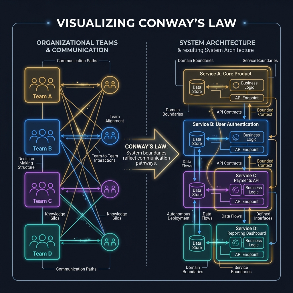 Org chart overlaid with a microservices architecture diagram showing structural isomorphism
