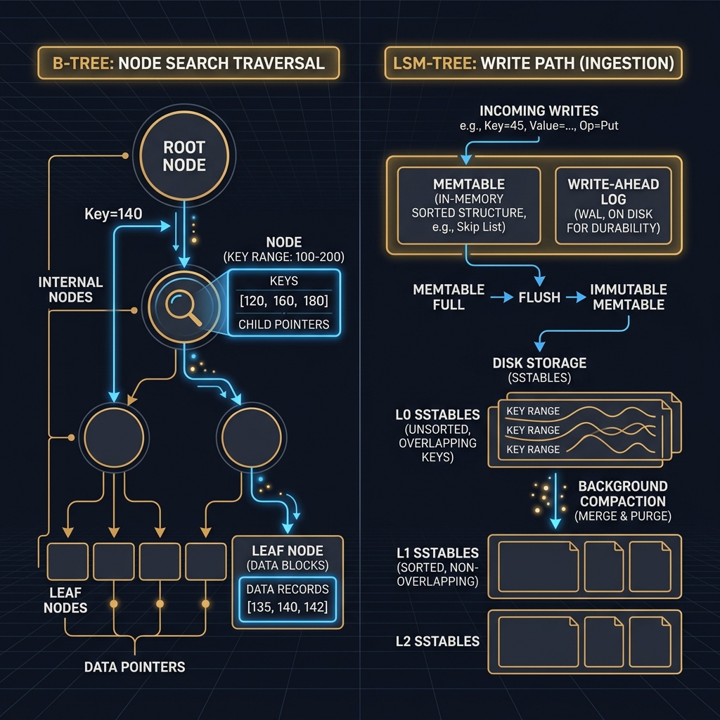 A comparison chart outlining B-Tree node branching structures and LSM-Tree write paths (Memtable to SSTable tiering).