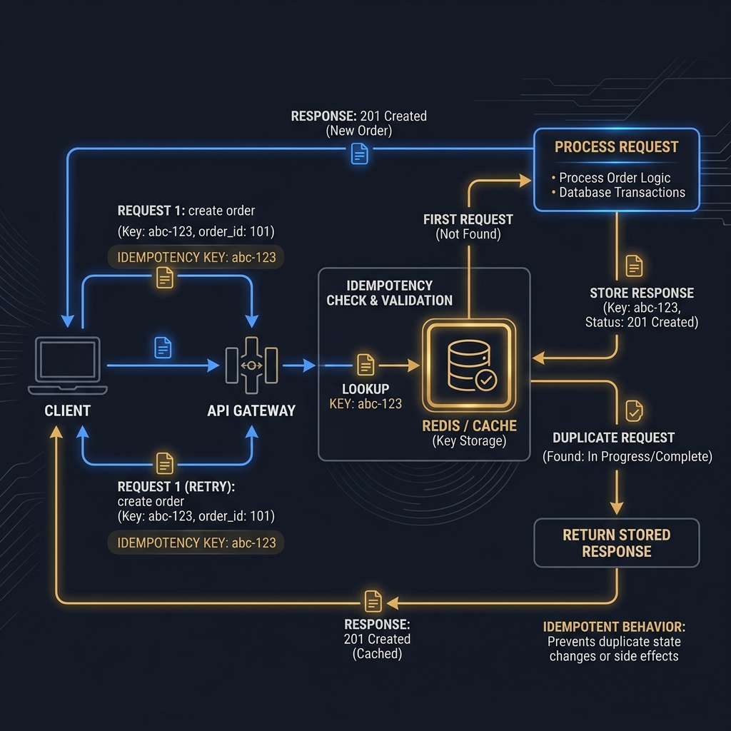 A sequence diagram showing a producer retrying a message three times to a consumer that uses an idempotency key store to deduplicate and execute the operation only once