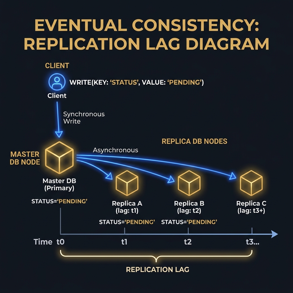 Two diverging database nodes with arrows showing eventual convergence over time