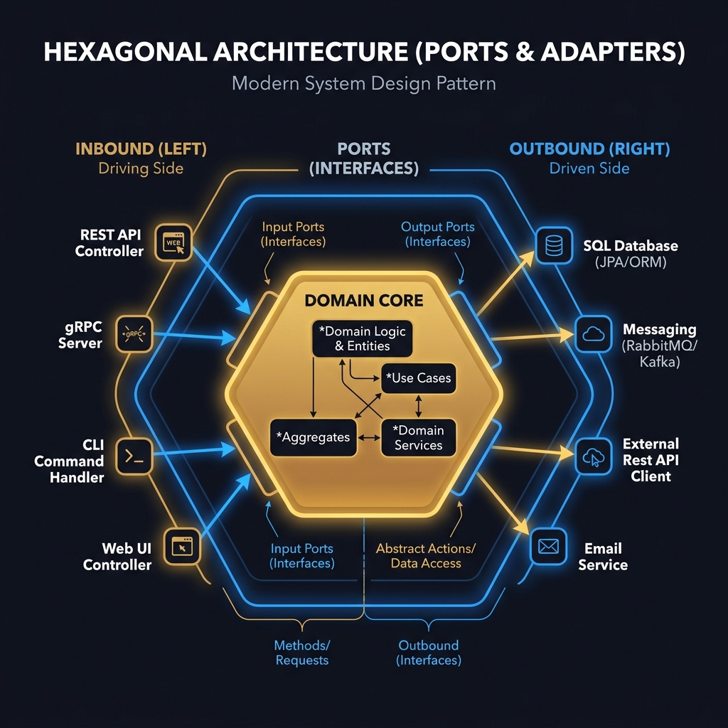 Hexagonal diagram showing domain core surrounded by inbound and outbound ports with adapter implementations on the outside