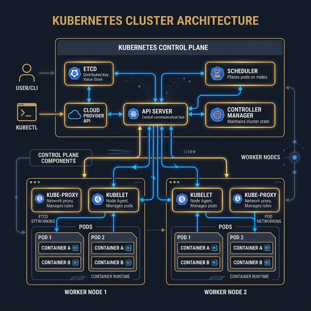 Kubernetes cluster architecture showing control plane components and worker node interactions with scheduling arrows