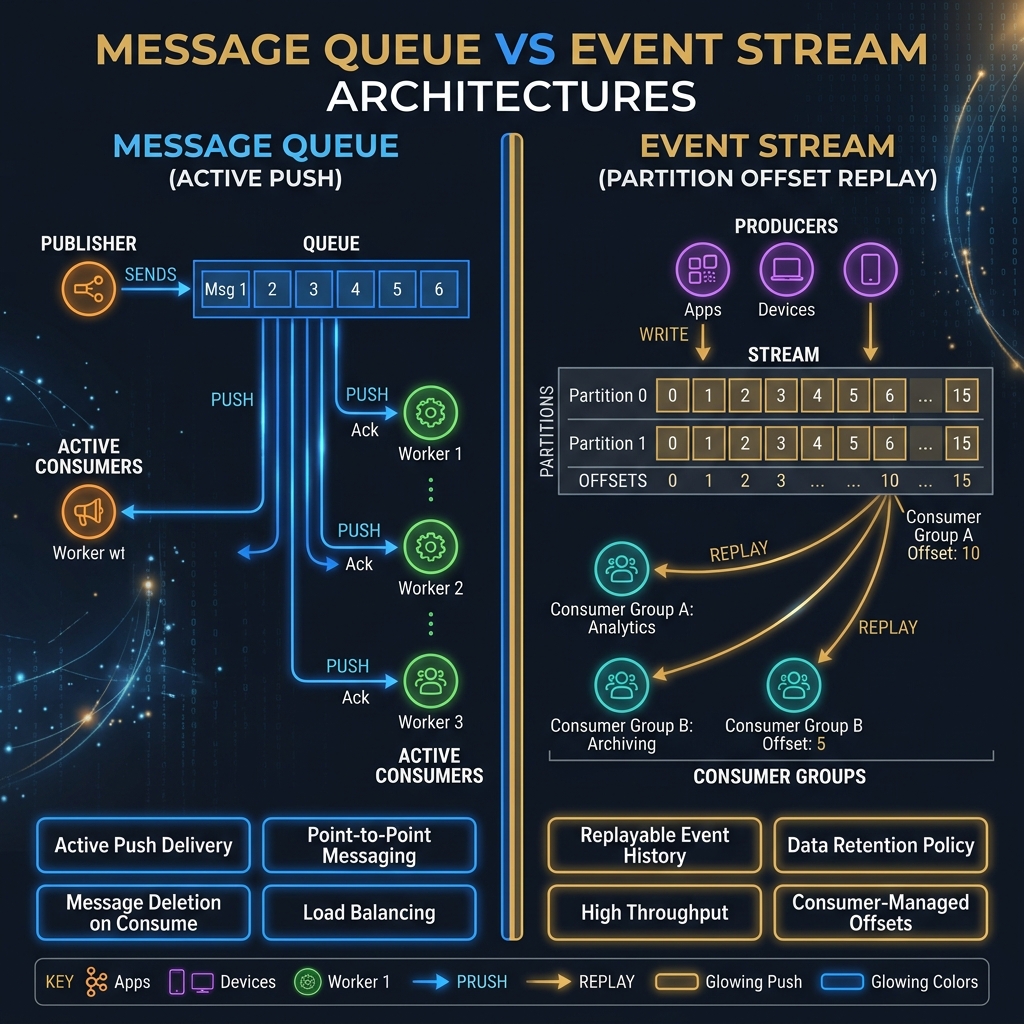 Two messaging pipeline diagrams side by side showing queue consumption vs event stream replay