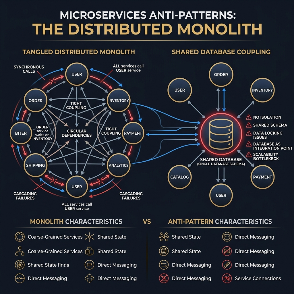 Tangled web of service connections representing a distributed monolith with no clear boundaries