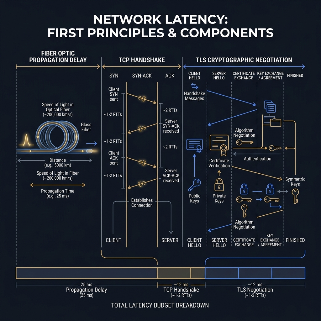 Timeline diagram showing TCP handshake, TLS negotiation, and request-response round trips with millisecond annotations